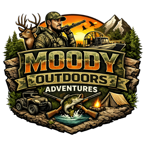 Moody Outdoors Adventures logo with hunting and camping elements