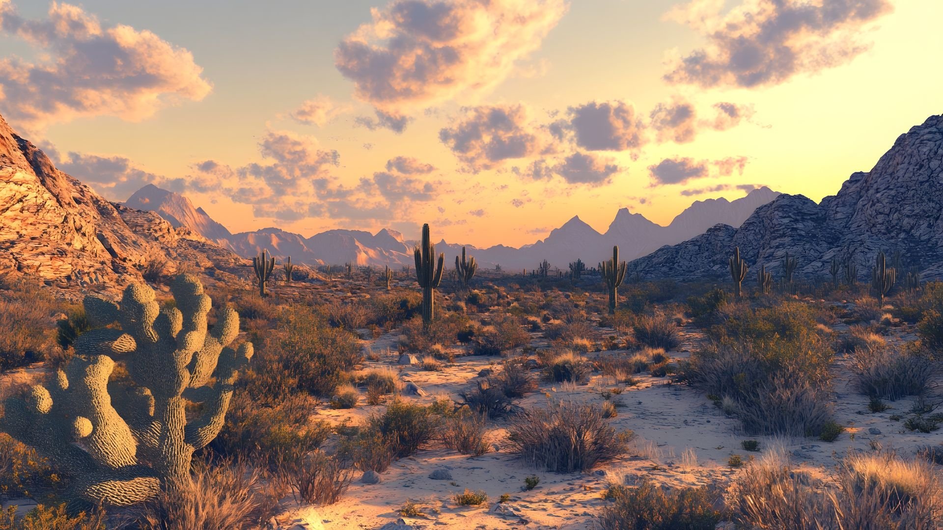 Sunset over rocky desert landscape with saguaro cacti and distant mountains